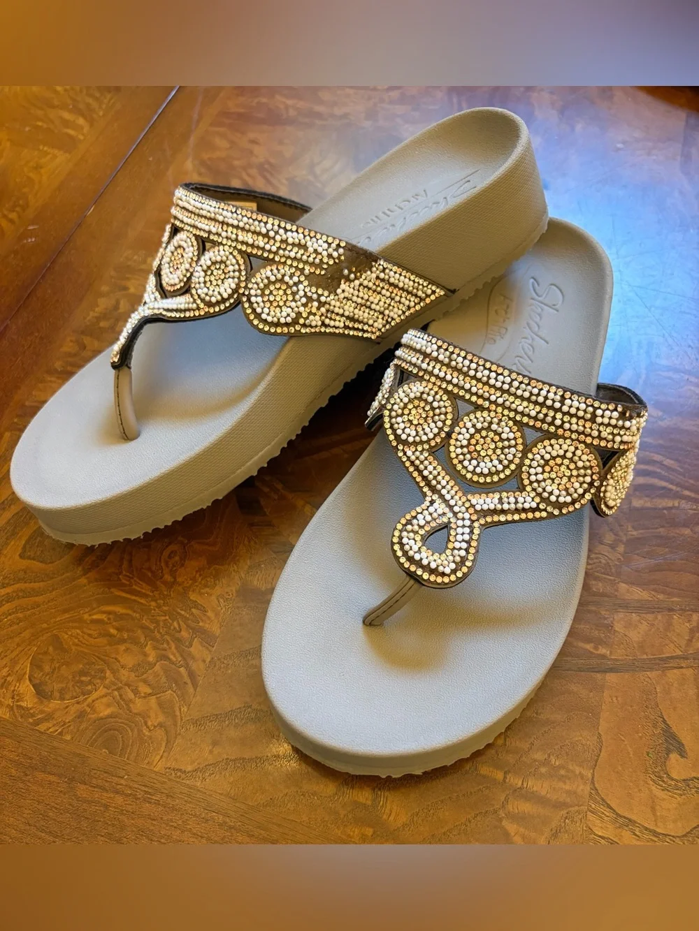 Skechers Taupe Wedge Thong Sandals with Gold Rhinestone Accents